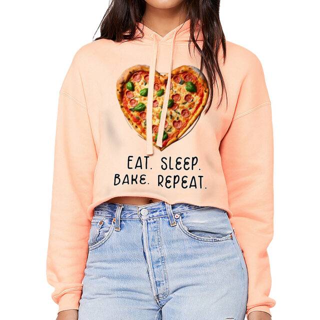 Eat Sleep Bake Women's Cropped Hoodie - Pizza Heart Cropped Hoodie - Cute Hooded Sweatshirt Color: Peach Size: S|M|L|XL|2XL 